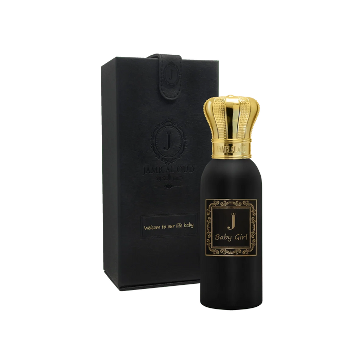 Jamr Al Oud Baby Girl perfume bottle with gold cap and luxury black gift box
