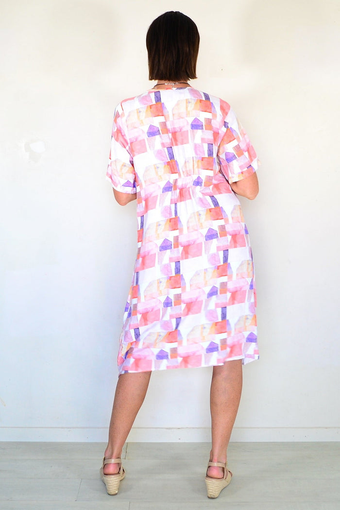 Willow Tree Aliya Watercolour Geometric Print Tunic Dress with vibrant watercolor design and geometric pattern on lightweight fabric.