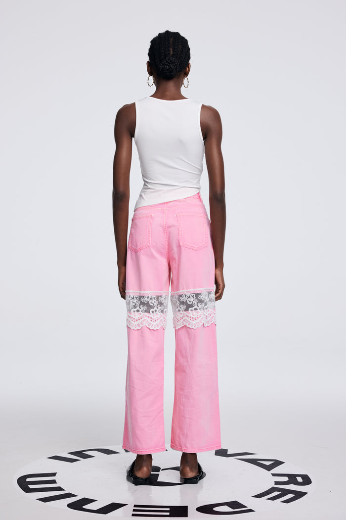 Apocatequil Lace Deconstruct Cutout Jeans In Pink