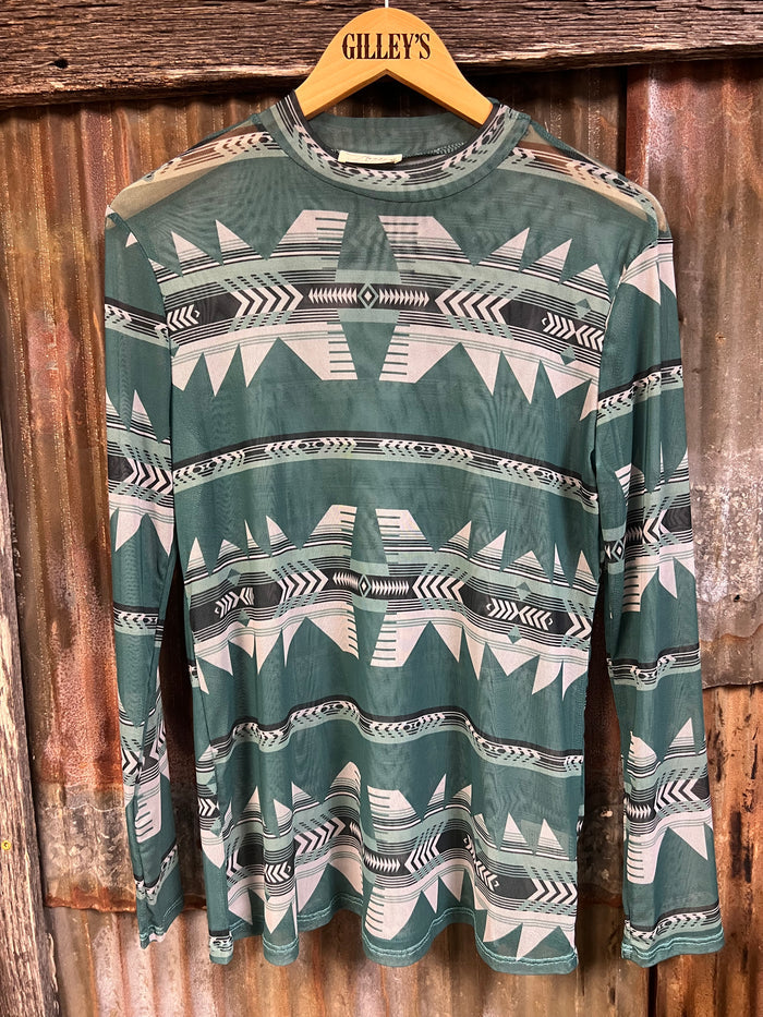 Avery Turquoise Aztec Print Mesh Top