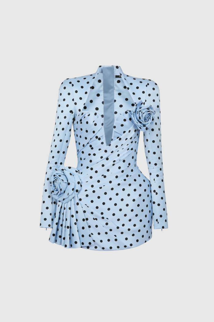 Biaggio Dot Flower Ruch Mini Dress In Blue