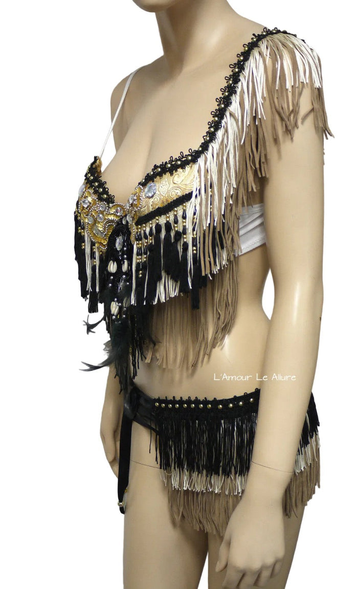 Black Gold and Cream Native Fringe Bra and Skirt
