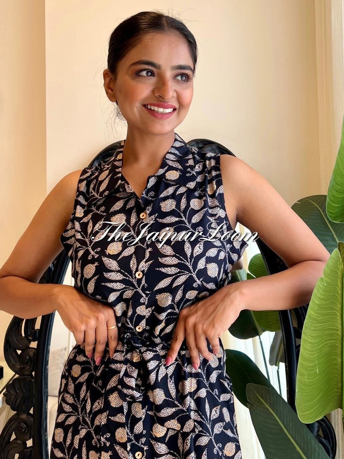 Black Leaves Dress with Pocket