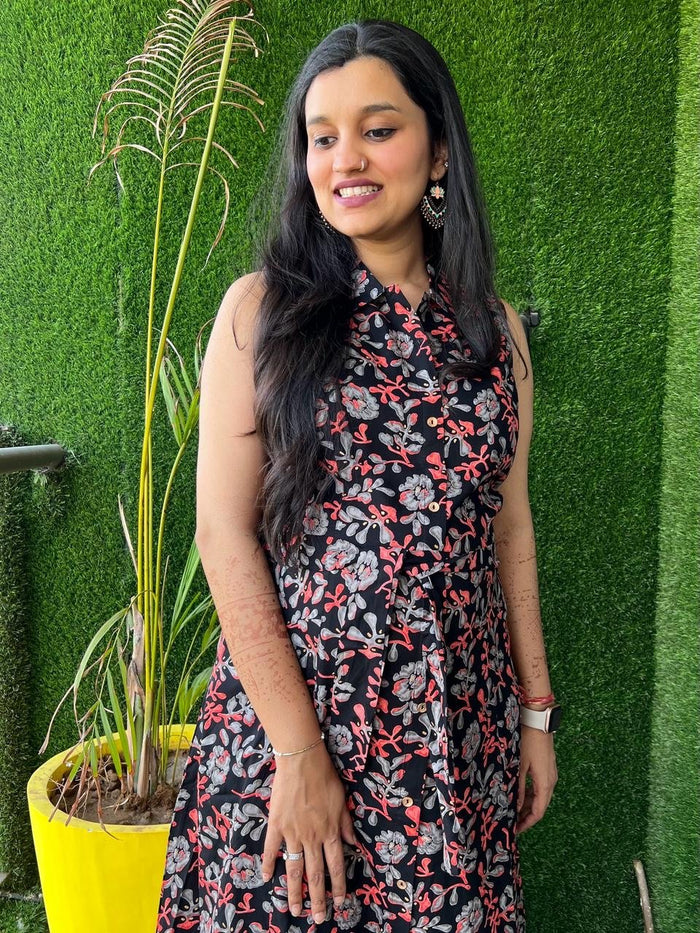 Black Red Bel Dress with Pocket