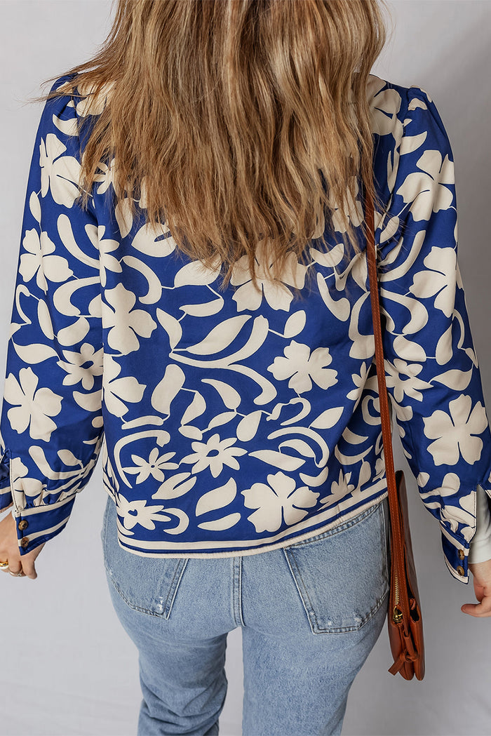 Blue Flower Print Open Front Buttoned Cuffs Elegant Jacket - Outerwear/Jackets