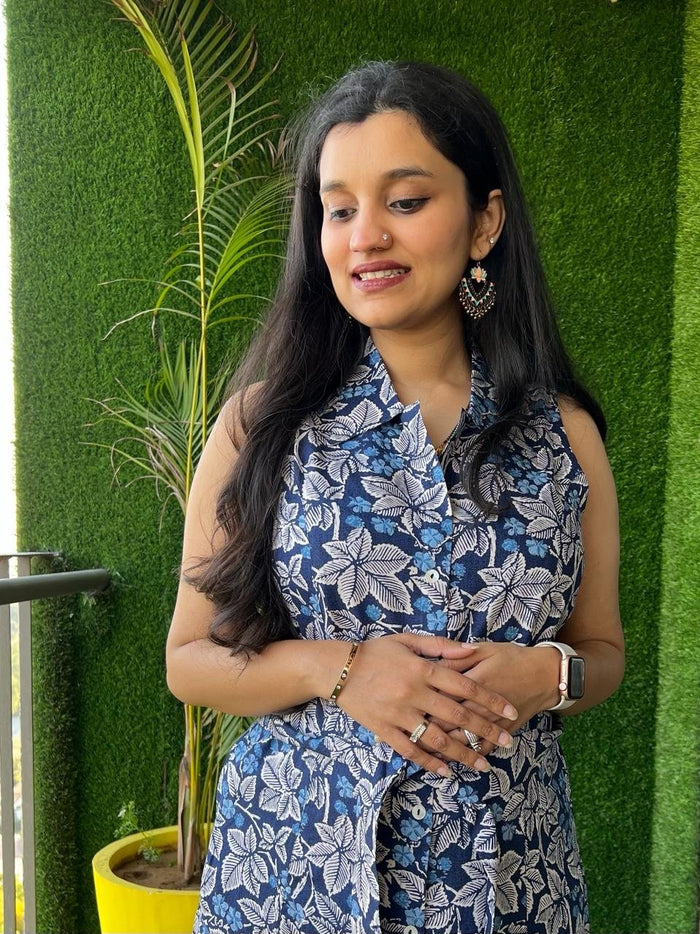 Blue Light Leaves Dress with Pocket