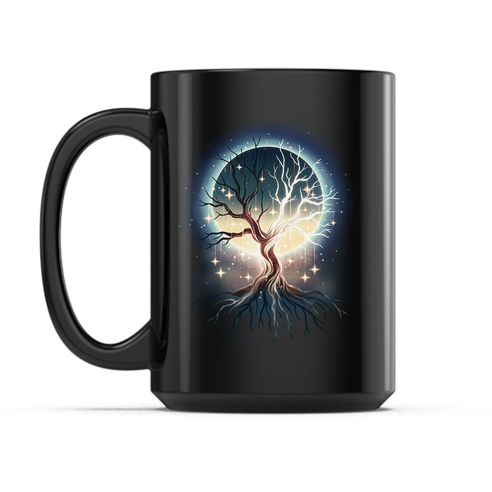 Ceramic Mug_TeeTurtle Celestial Tree black mug featuring a tree framing the full moon with its branches.