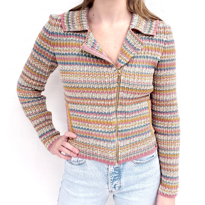 CHANEL STRIPE KNIT ZIP UP SWEATER - SIZE 34
