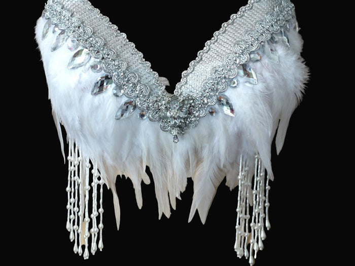 Diamond White and Silver Feather Fringe Bra Dance Costume Rave Halloween