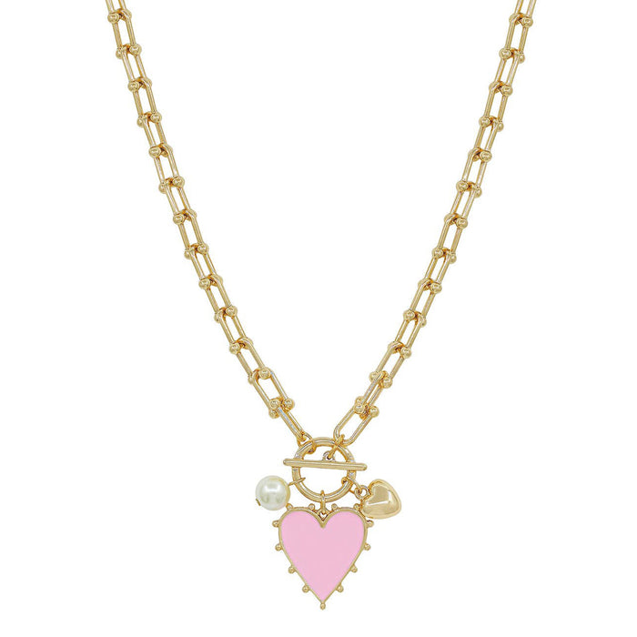 Gold Chain Necklace with Pink Studded Heart Charm 16"-18” Necklace -