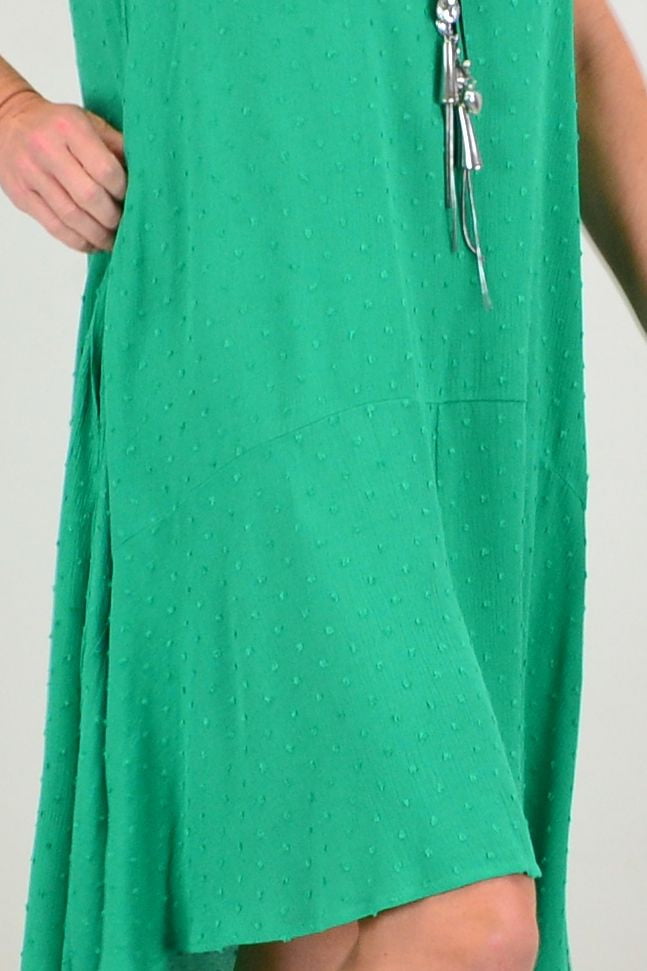 Willow Tree grass green ladies' day shift dress tunic with long sleeves and a relaxed fit, displayed on a mannequin.