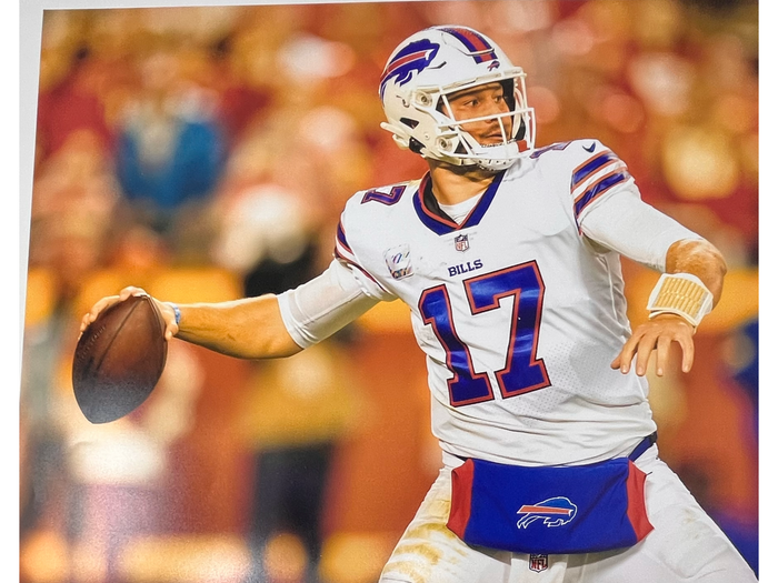 Josh Allen Unsigned About to Throw with Fall Background Photo