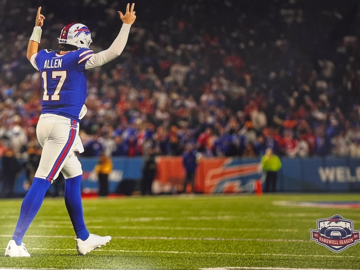 Josh Allen Unsigned Goal Post Arms Up from Behind Photo