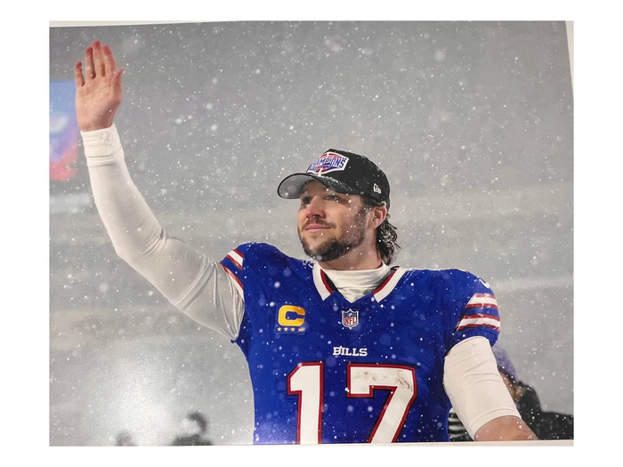 Josh Allen Unsigned in Champion Hat Waving Photo