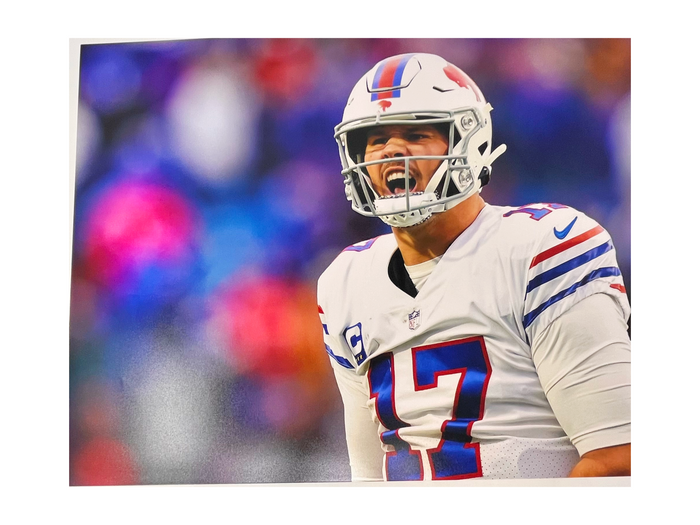 Josh Allen Unsigned Yelling in White Photo