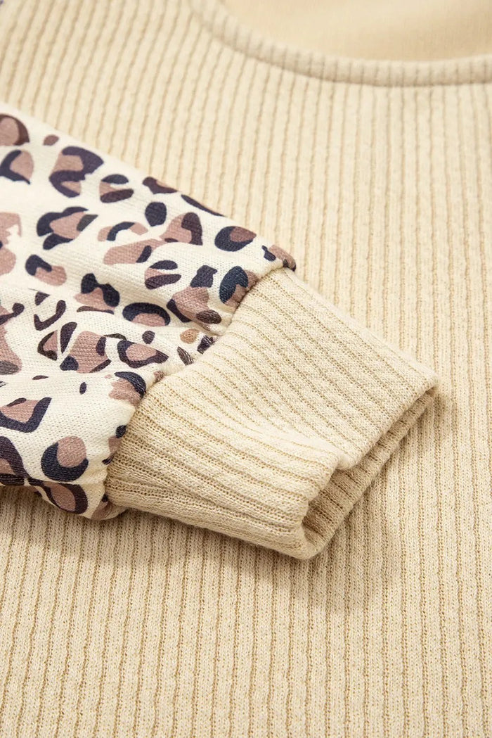 Beige Leopard Sleeve Patchwork Ribbed Long Top - Tops/Long Tops