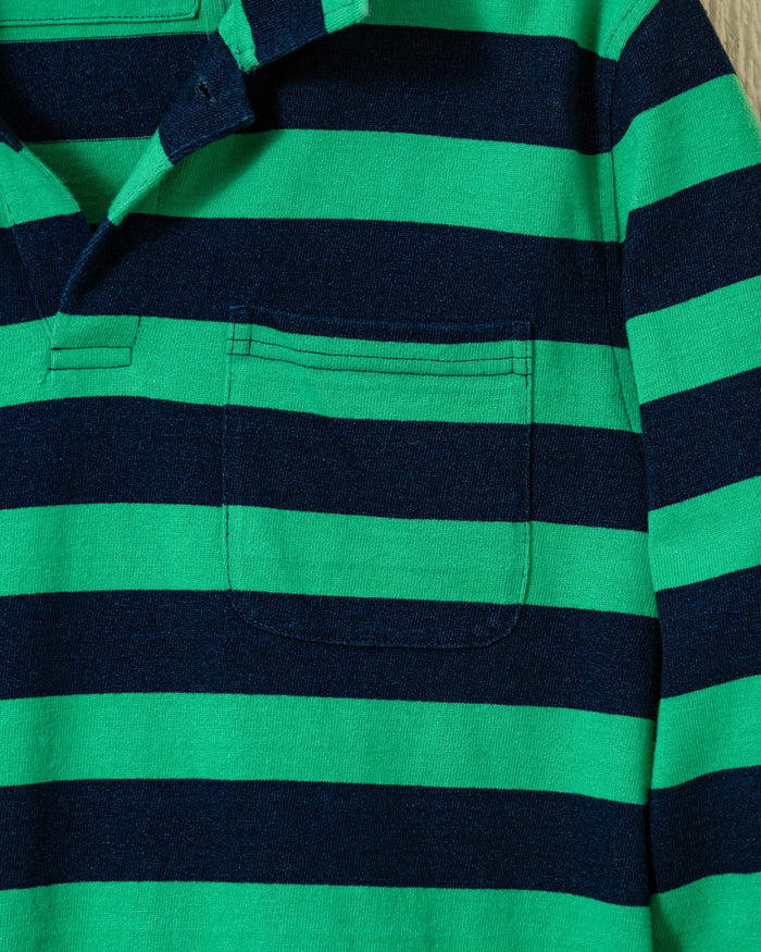 Long Sleeve Indigo Polo in Navy/Billiard Green Wide Stripe