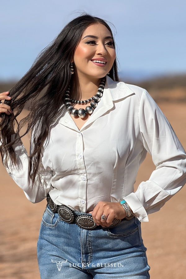 Lucky and Blessed Ivory Button Down Long Sleeve Collared Shirt