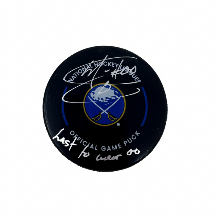 Martin Biron Signed Buffalo Sabres Official Game Model Hockey Puck with Last to Wear '00