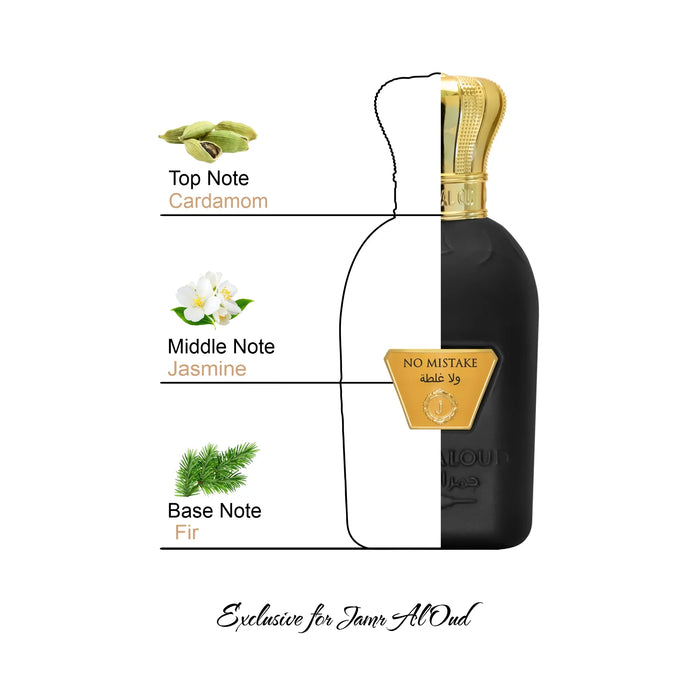 No Mistake perfume by Jamr Al Oud with cardamom, jasmine, and fir notes, luxury bottle