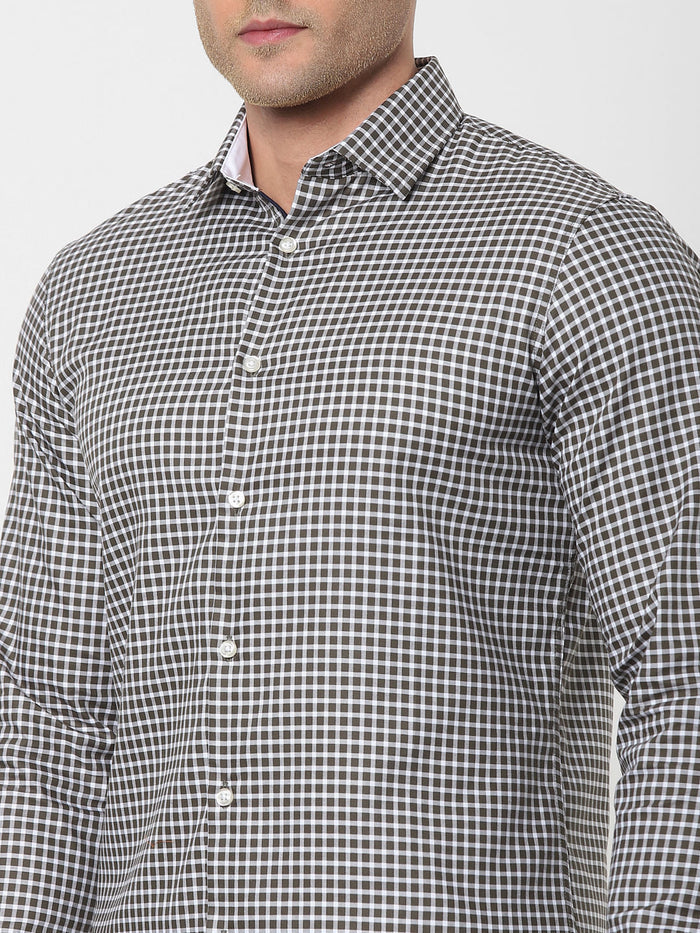 Olive Green Check Full Sleeves Shirt