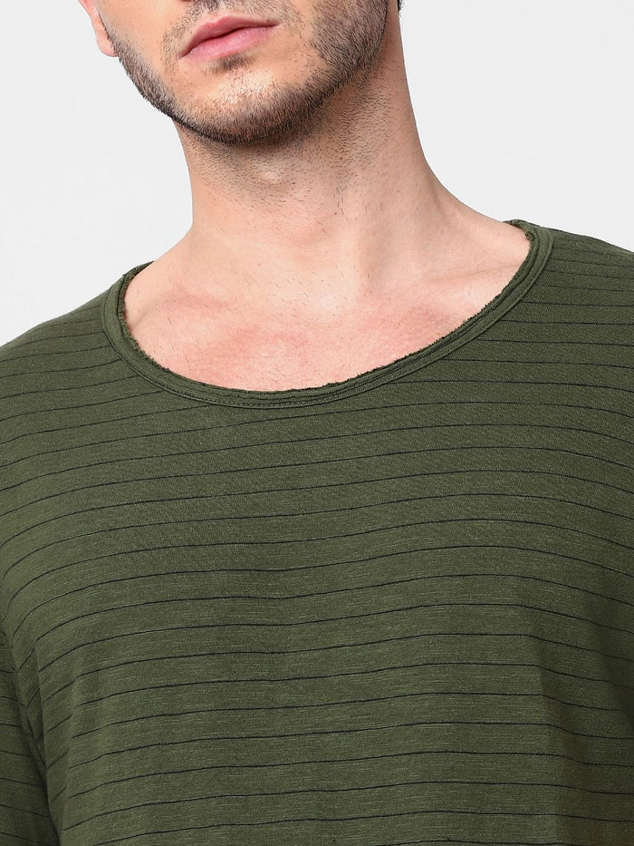 Olive Green Striped Crew Neck T-Shirt