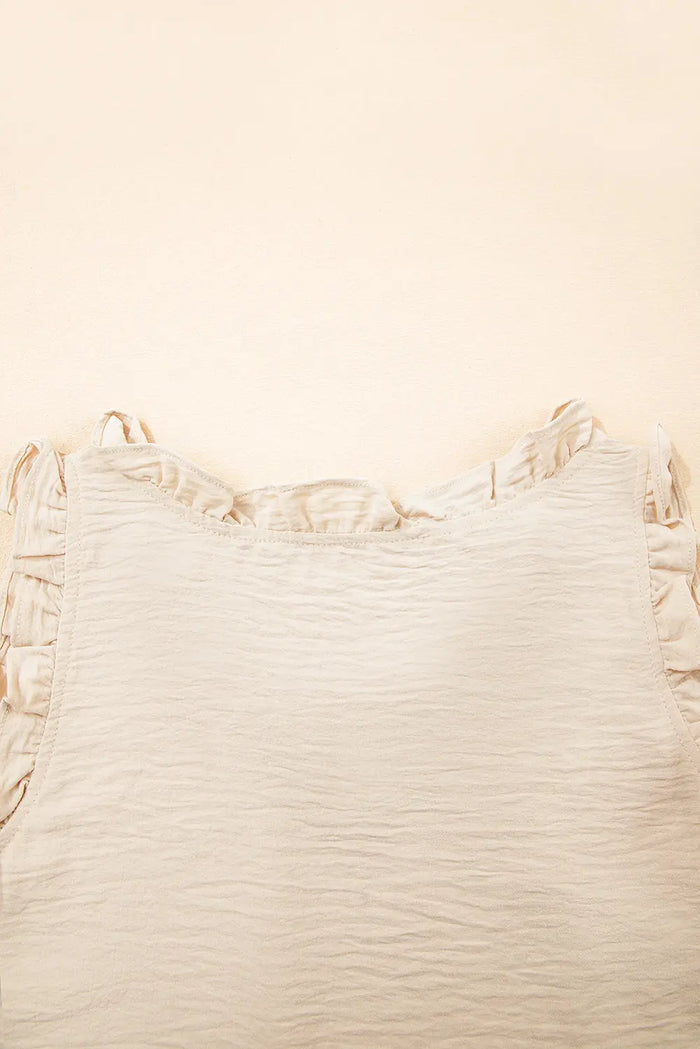 Parchment Textured Ruffled Trim V-Neck Sleeveless Top - Tops/Sleeveless Tops
