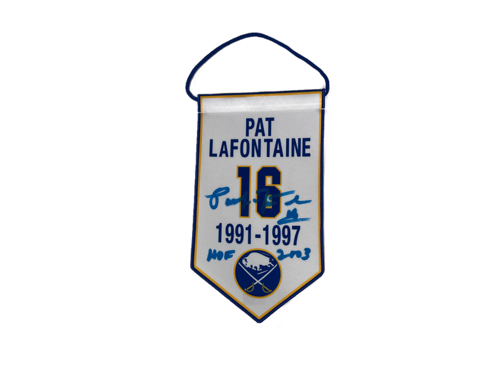 Pat LaFontaine Signed Mini Retirement Banner with “HOF 2003”