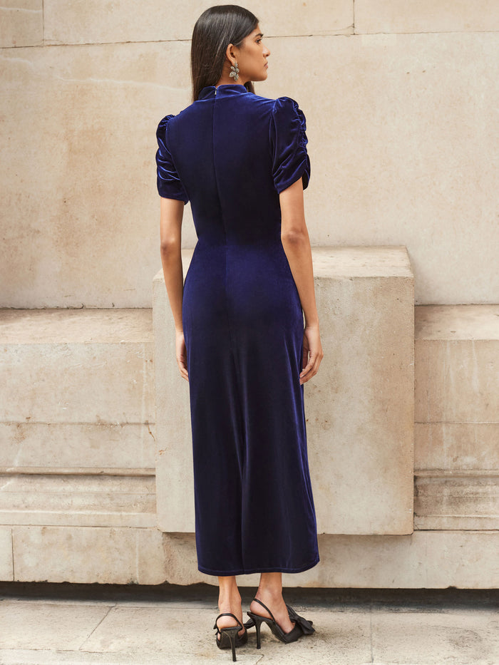 Petite Harriet Blue Velvet Puff Sleeve Dress