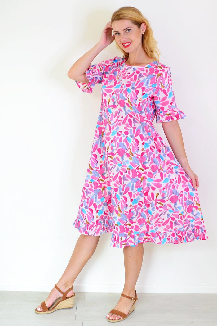 Pink and blue leaves print summer dress tunic by Hourglass featuring a vibrant, lightweight fabric and casual style.