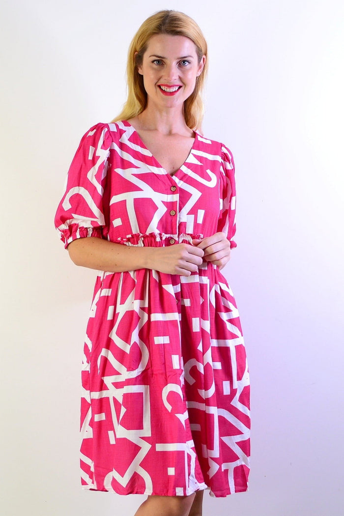 Pink and white front button-up tunic dress by New U Collection featuring a relaxed fit and stylish design.