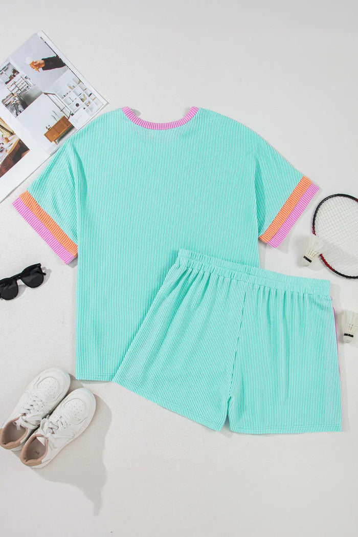 Plus Size Colour Block Ribbed Material Tee and Shorts Co-ord Set - Size/Plus Loungewear