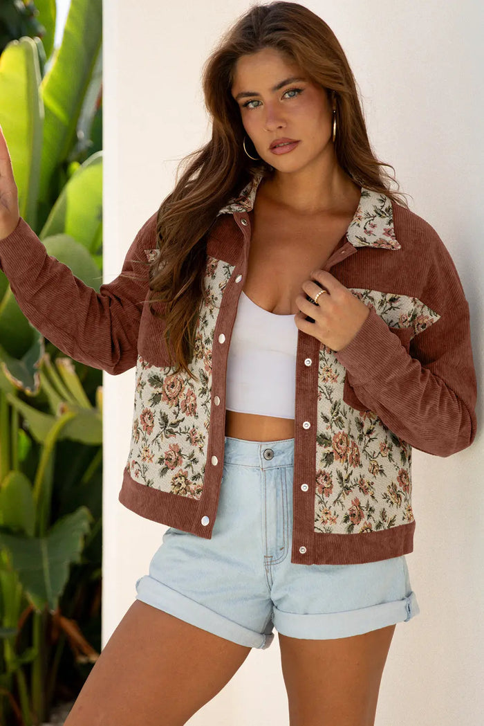 Ribbed Retro Floral Patchwork Shirt Style Jacket - Outerwear/Jackets