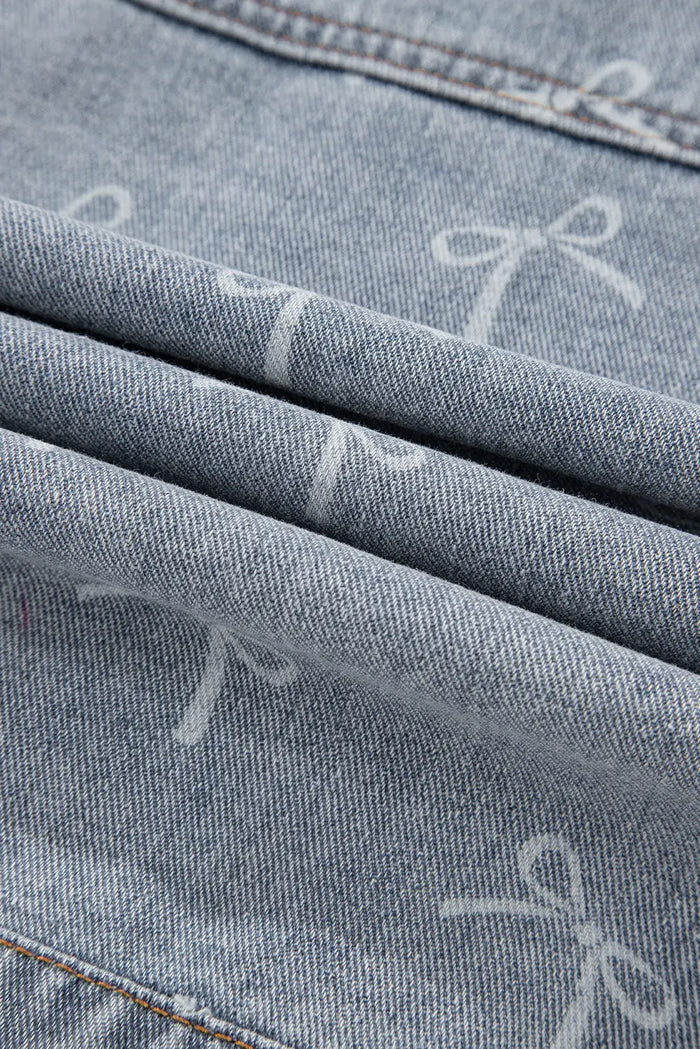 Sky Blue Bow Knot Print Light Wash Raw Hem Denim Jacket - Outerwear/Denim jackets