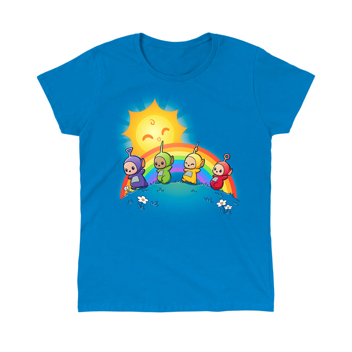 Classic Cotton T-shirt_TeeTurtle sapphire blue Time for Teletubbies apparel featuring Tinky Winky, Dipsy, Laa Laa, and Po walking on a grassy meadow with a rainbow and smiling sun in the background.