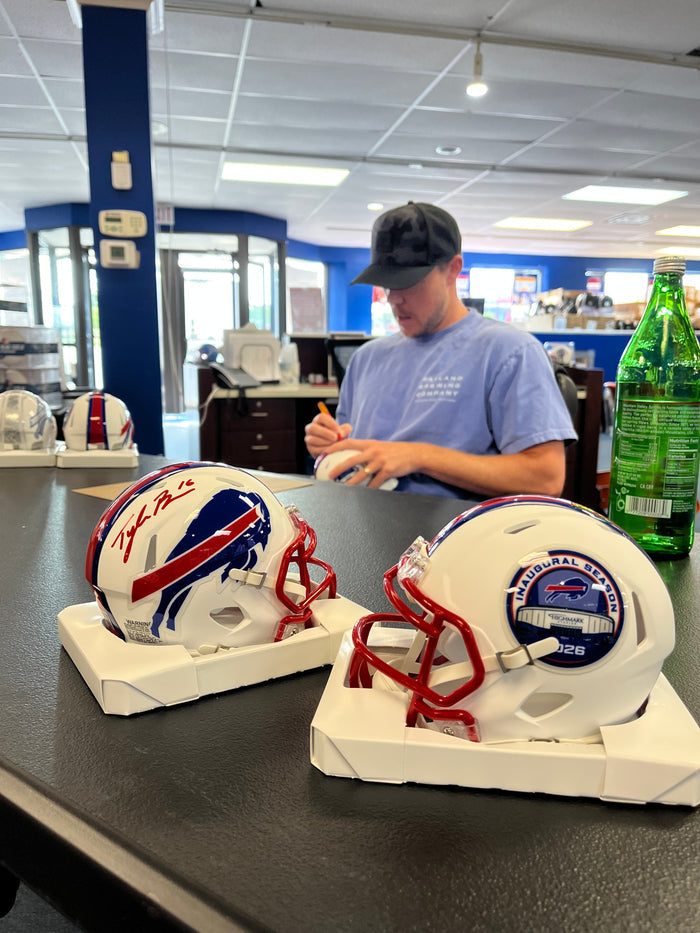 Tyler Bass Signed TSE Exclusive Riddell Inaugural Buffalo Bills White Speed Mini Helmet