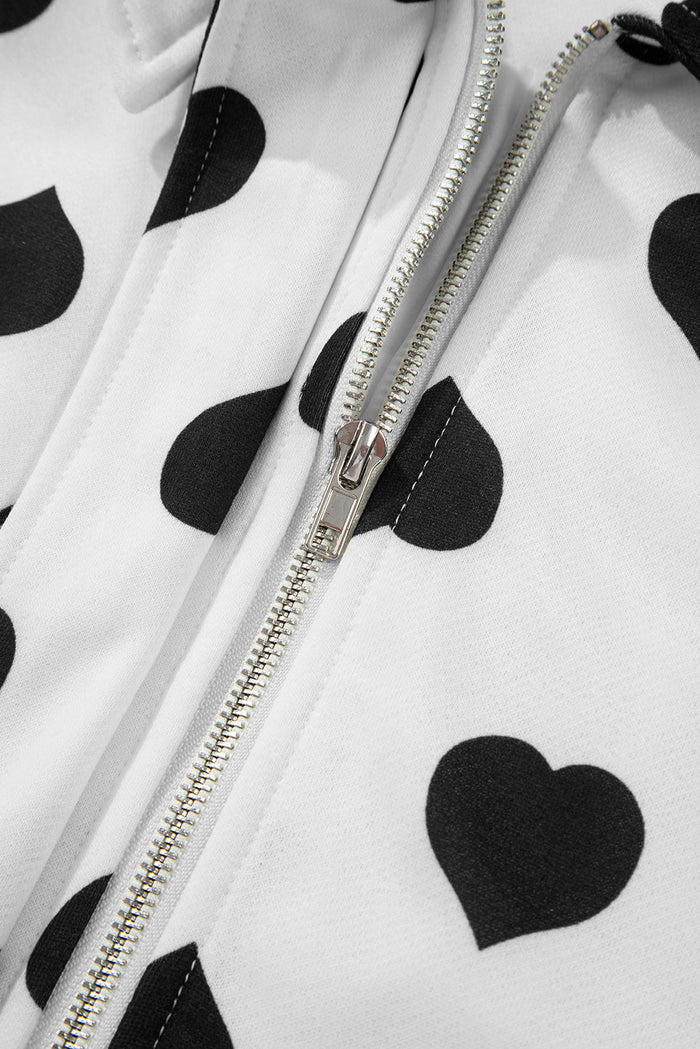 White Double Flap Pocket Heart Print Collar Zip Jacket - Outerwear/Jackets