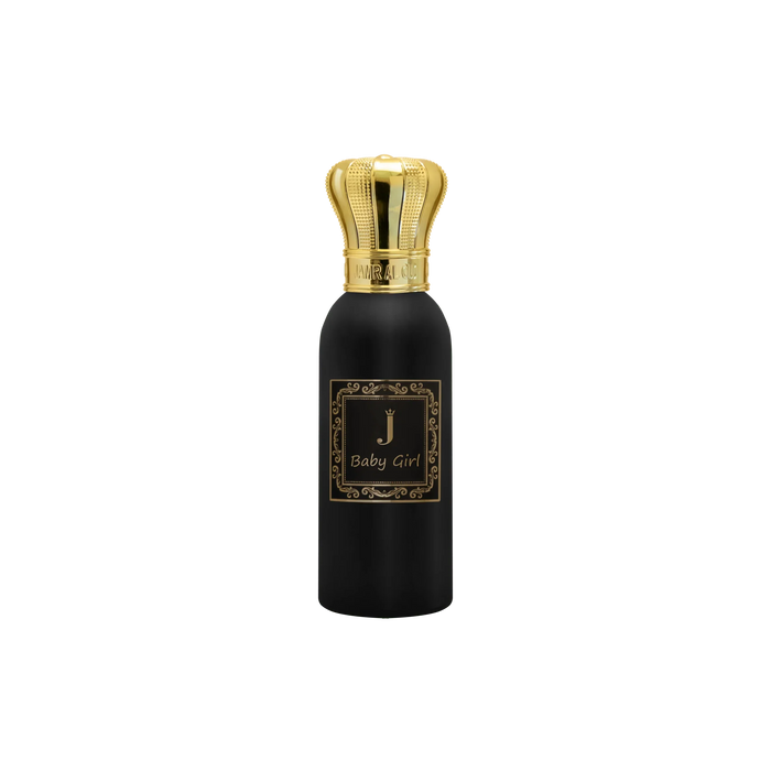 JAMR AL OUD Baby Girl perfume bottle with gold crown cap and elegant black design