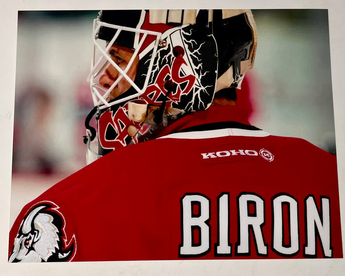 Martin Biron Unsigned Close Up in Net in Goathead Photo