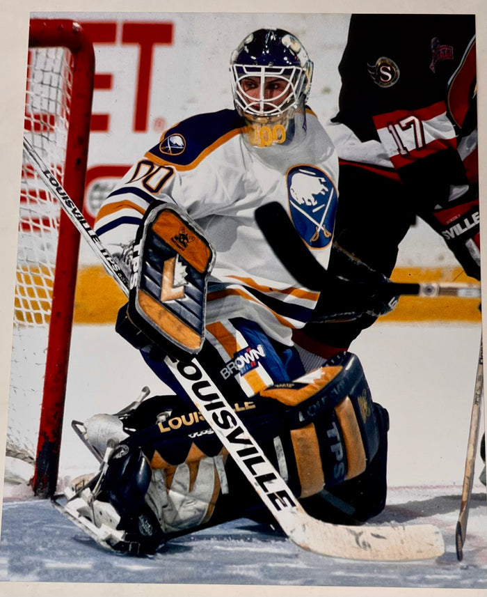 Martin Biron Unsigned Close Up in Net in White Photo