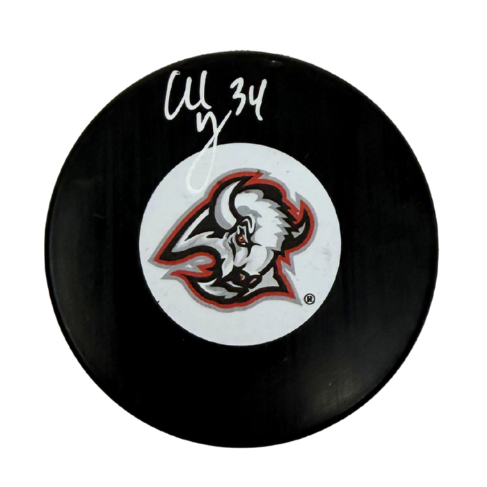 Alex Lyon Signed Buffalo Sabres Small Goathead Logo Hockey Puck