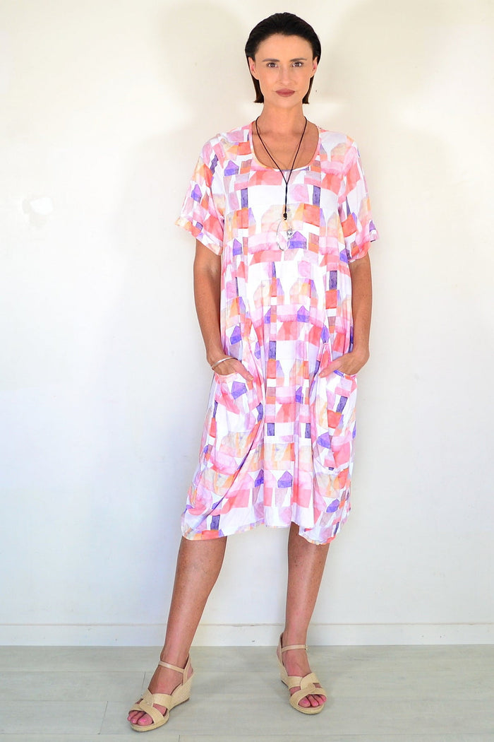 Willow Tree Aliya Watercolour Geometric Print Tunic Dress with vibrant watercolor pattern and relaxed fit.