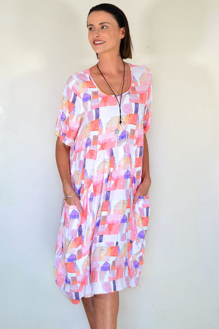 Willow Tree Aliya Watercolour Geometric Print Dress tunic, featuring vibrant watercolor patterns and a stylish fit.