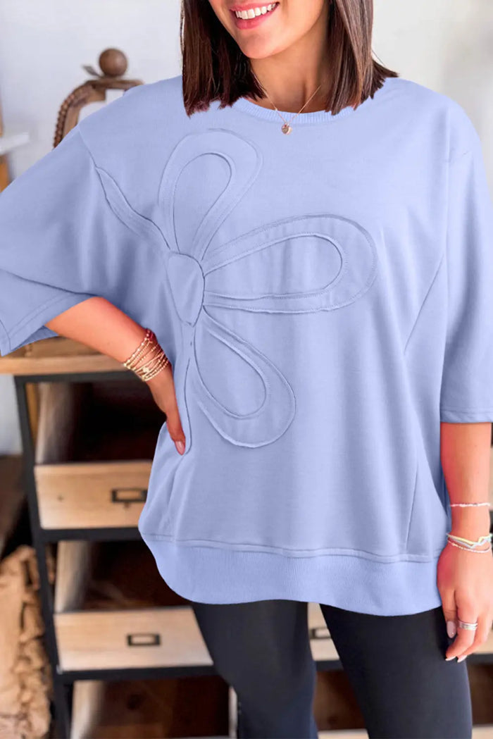Beau Blue Floral Patch Half Sleeve Top - Tops/Tops & Tees