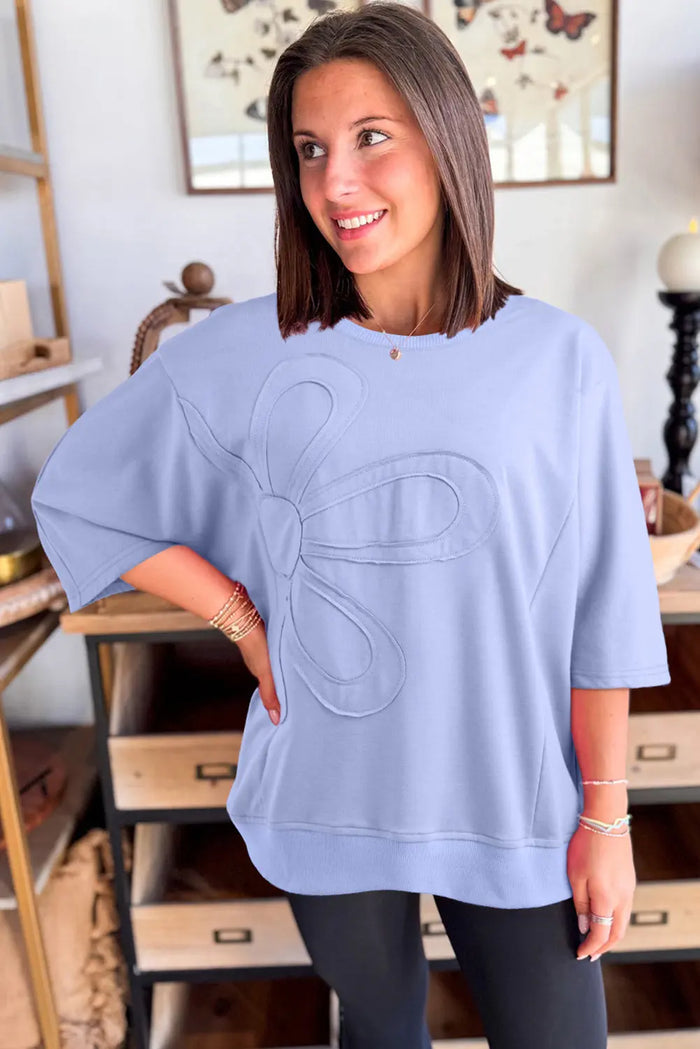 Beau Blue Floral Patch Half Sleeve Top - Tops/Tops & Tees