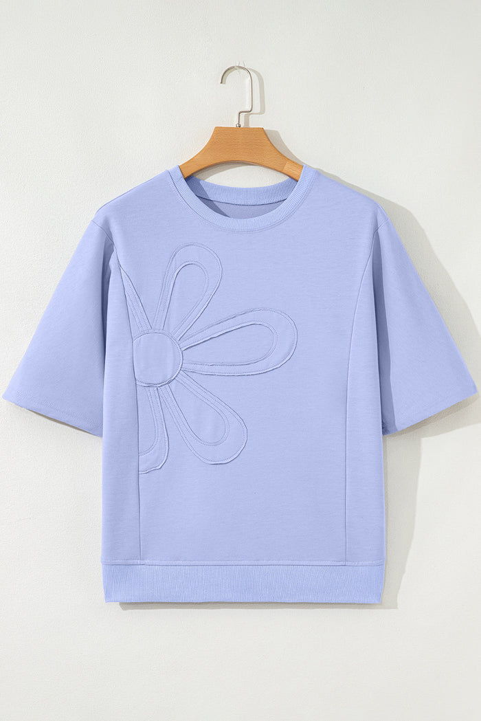 Beau Blue Floral Patch Half Sleeve Top - Tops/Tops & Tees
