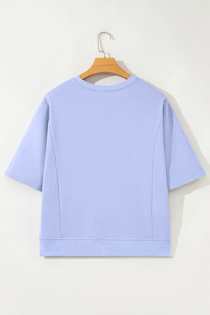 Beau Blue Floral Patch Half Sleeve Top - Tops/Tops & Tees