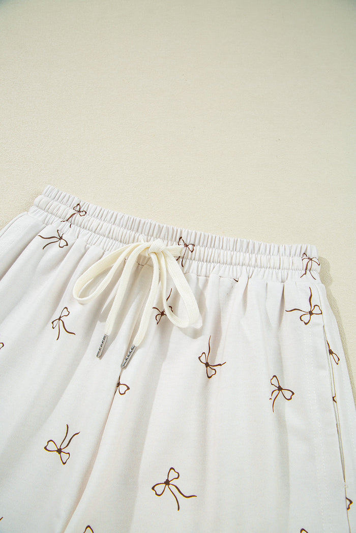 Beige Bow Print Half Zip Tank and Shorts 2pcs Set - Two Piece Sets/Short Sets