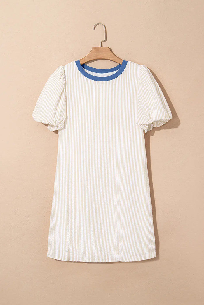 Beige Stripe Seersucker Contrast Round Neck Puff Sleeve T-Shirt Dress - Dresses/T Shirt Dresses