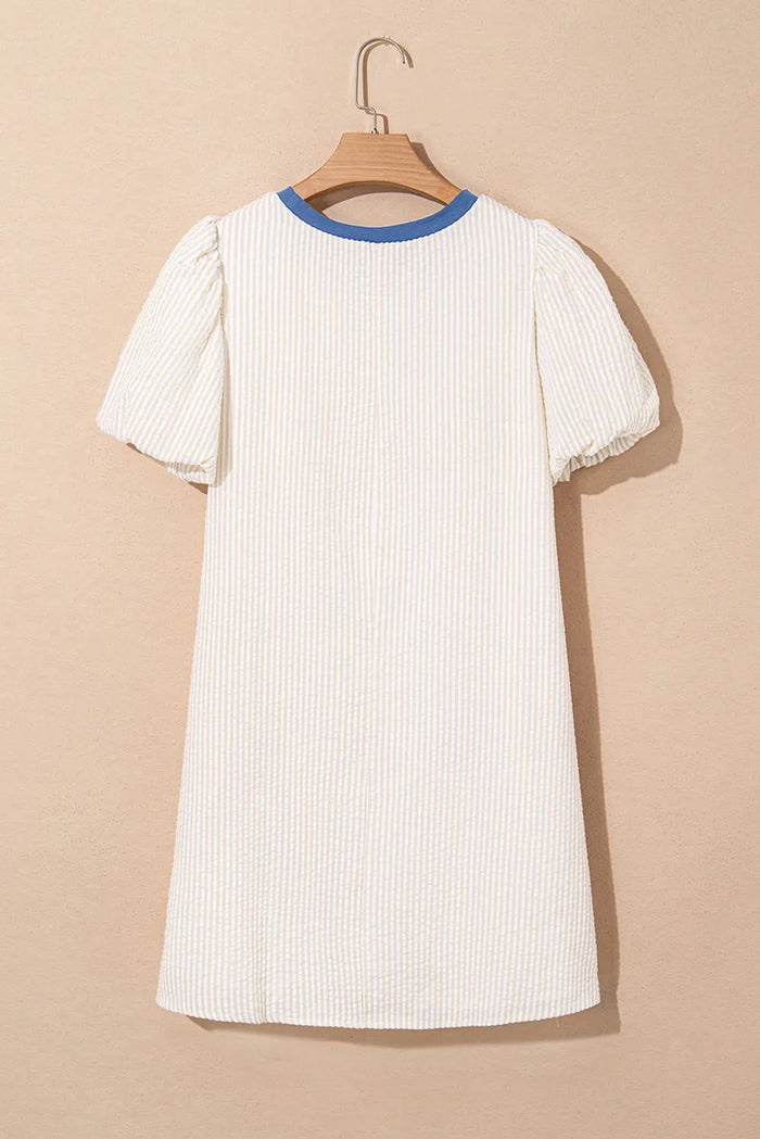 Beige Stripe Seersucker Contrast Round Neck Puff Sleeve T-Shirt Dress - Dresses/T Shirt Dresses